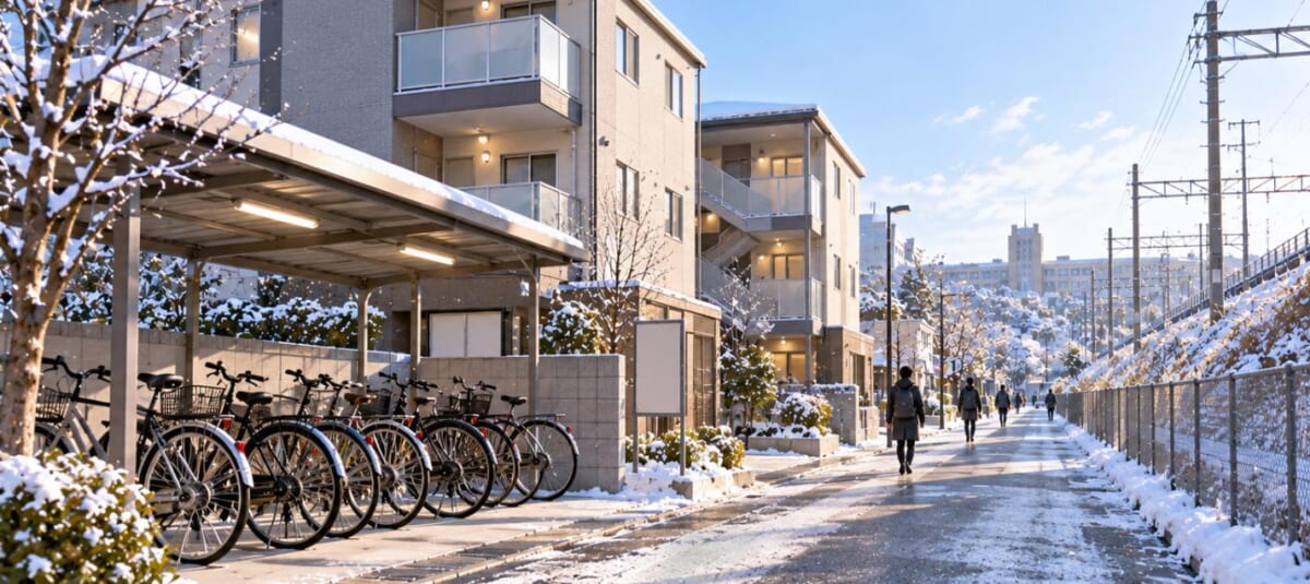 線路ぎわの学生向けアパートと屋根つきの自転車置き場。冬の朝