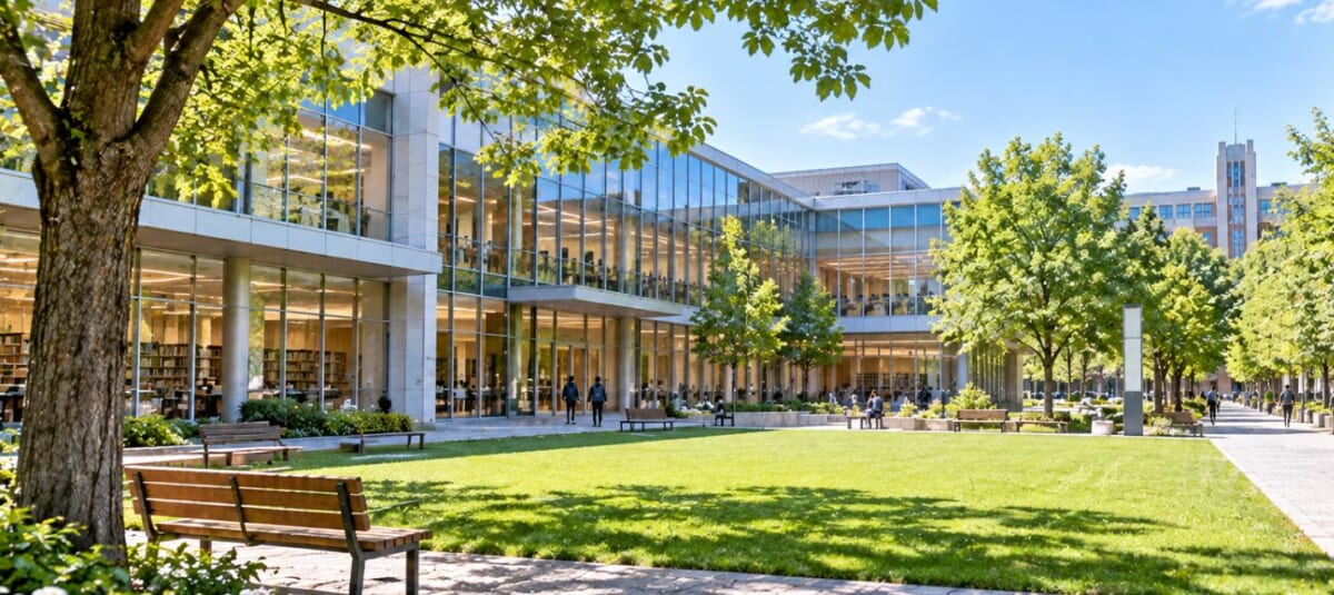 大学の図書館棟と芝生の中庭。ベンチと並木道