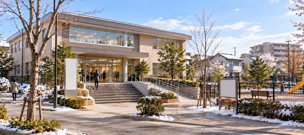 住宅街の地区センターと隣の小さな公園。スロープのある正面と遊具