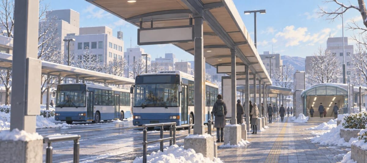 冬の駅前バス乗り場と地下鉄出入口