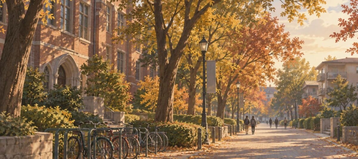 大学のそばの並木道と駐輪場のある学生街