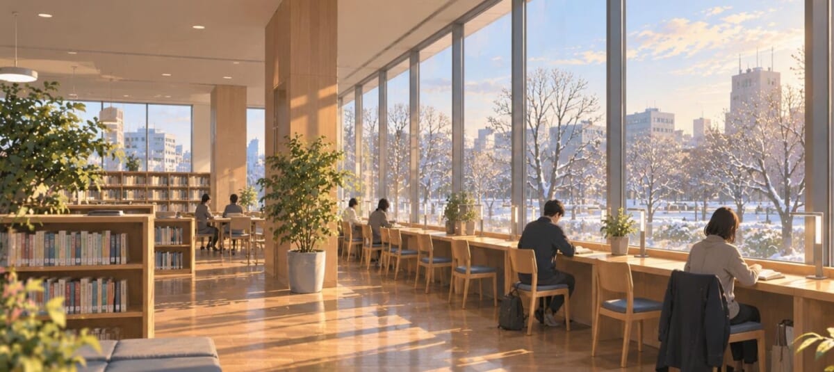 図書館の窓辺の閲覧席と雪の残る並木