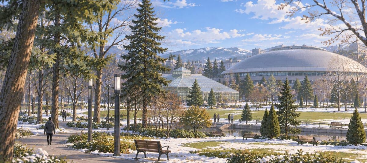 残雪の大きな公園と温室、奥に丸屋根の体育館