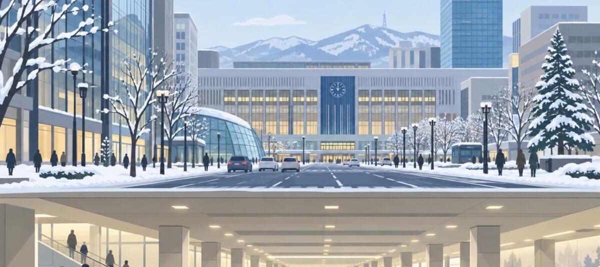 雪の札幌駅前通りと地下歩行空間のイラスト