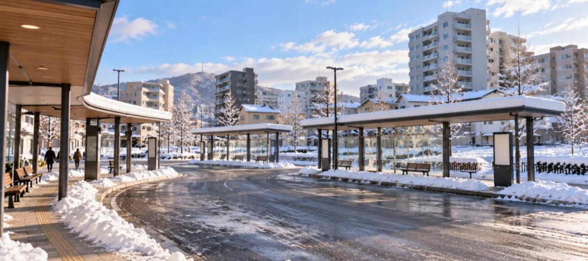 屋根つきのバス乗り場が並ぶ小さなターミナルと奥の住宅街（冬の午後）
