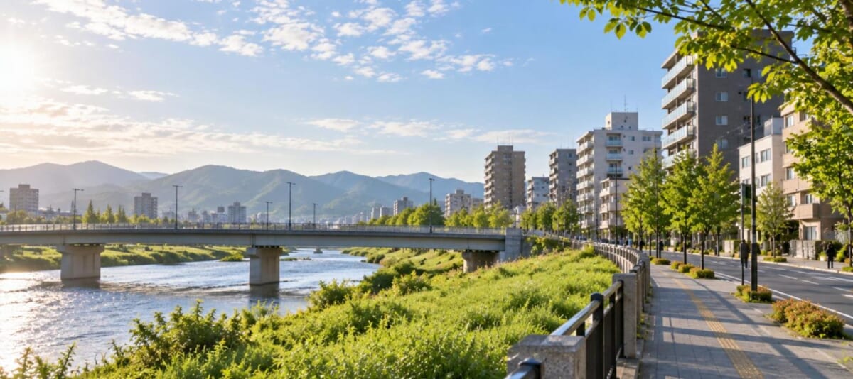 川に架かる橋のたもとと、渡ってすぐの住宅街（初夏の朝）