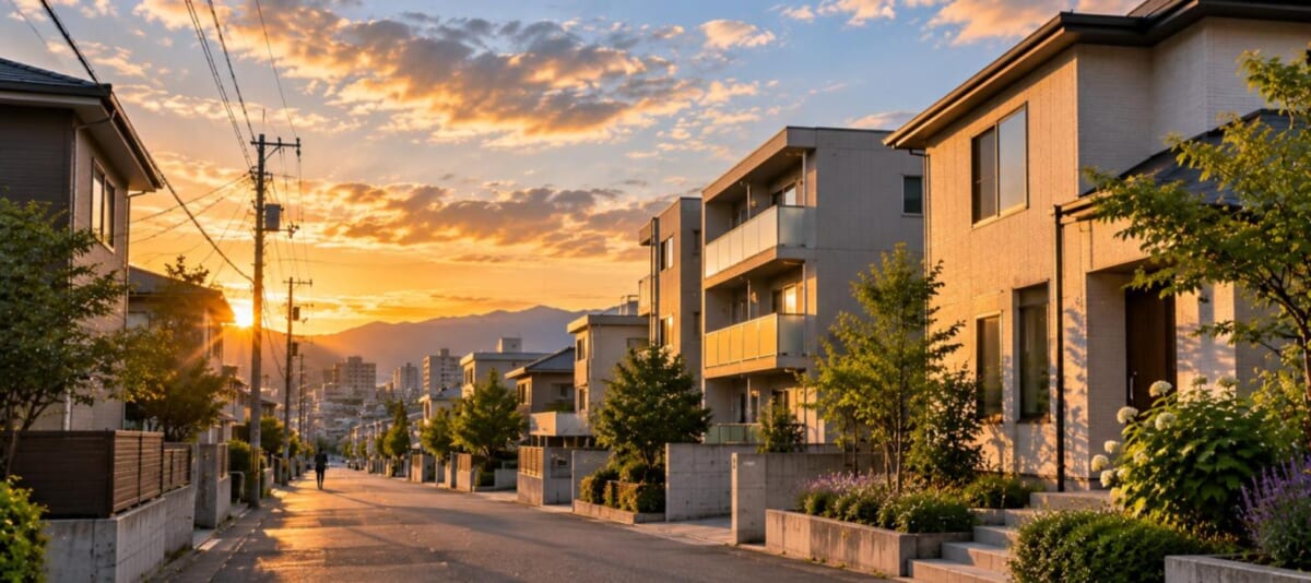 戸建てと低層アパートが混在する静かな住宅地の通り（夏の夕方）