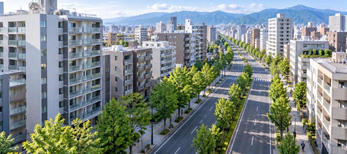 歩道橋から見下ろした幹線道路ぞいのマンションと並木（初夏の朝）