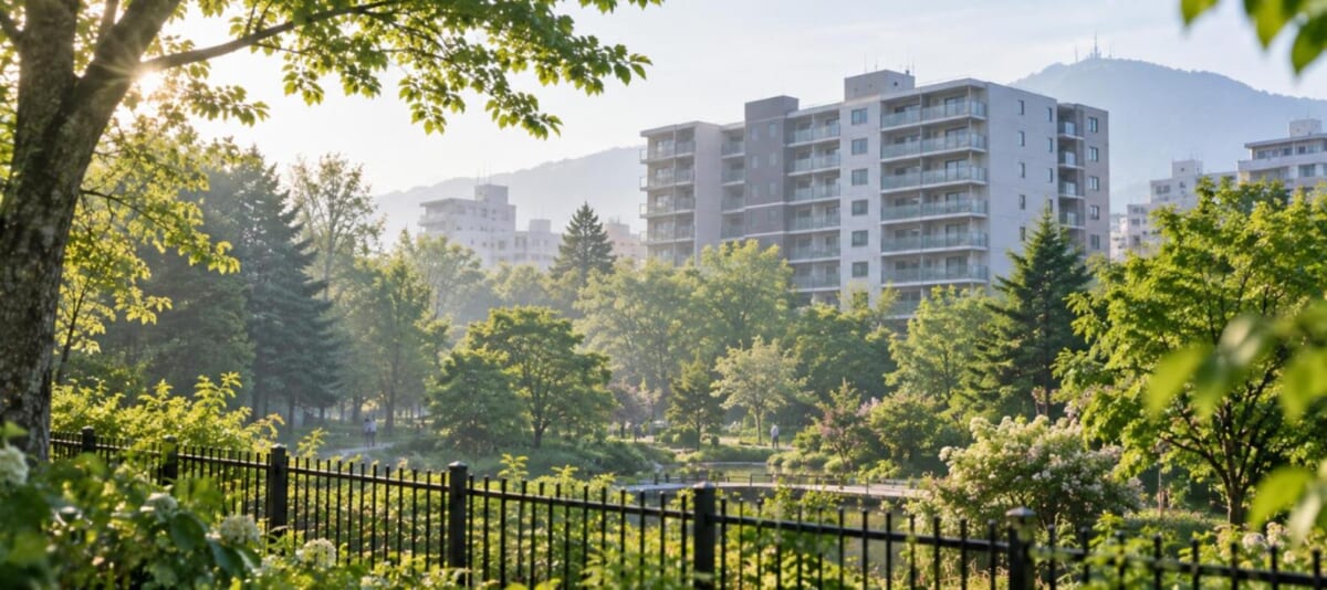 緑地のフェンスごしに見えるマンション（新緑の朝）