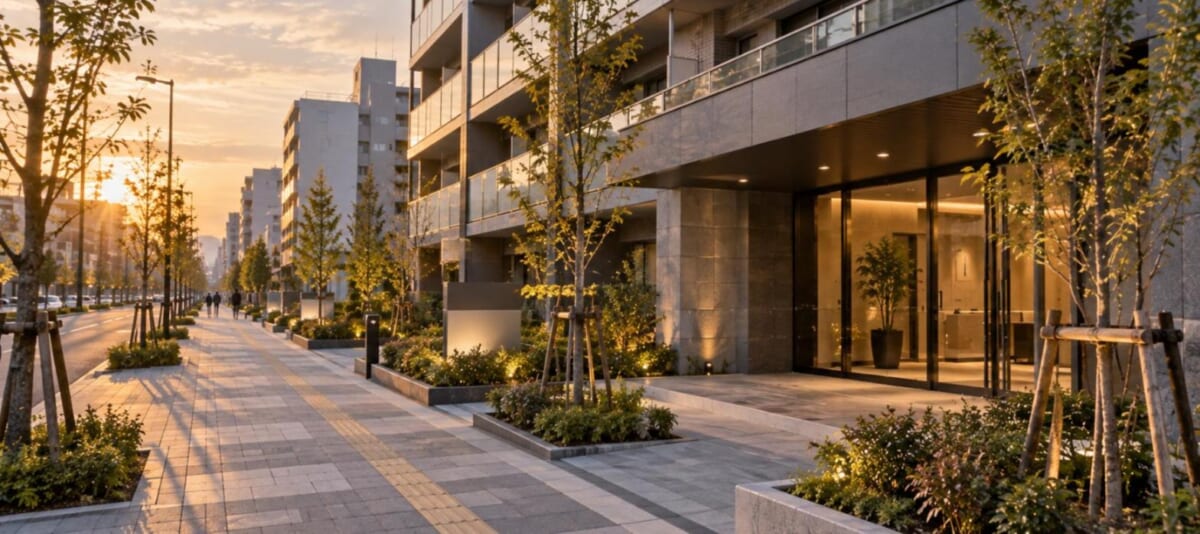 竣工直後のマンション前の歩道と植え込み（初秋の夕方）