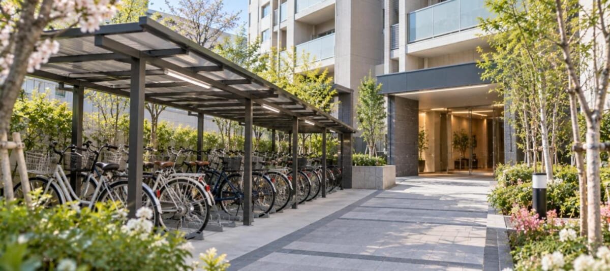 マンションの屋根つき駐輪場とエントランス（春の午前）