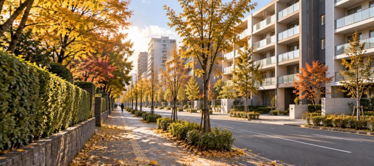 庭園の生垣に沿った通りとマンション（10月の黄葉）
