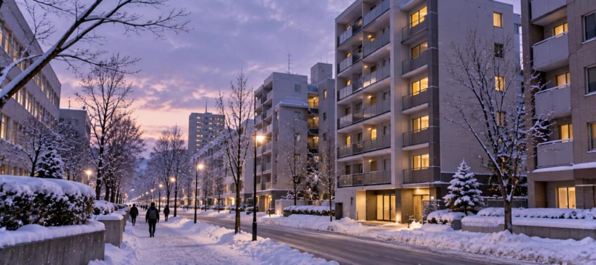 大学のそばの通りに建つ集合住宅、窓に灯り（冬の夕方）