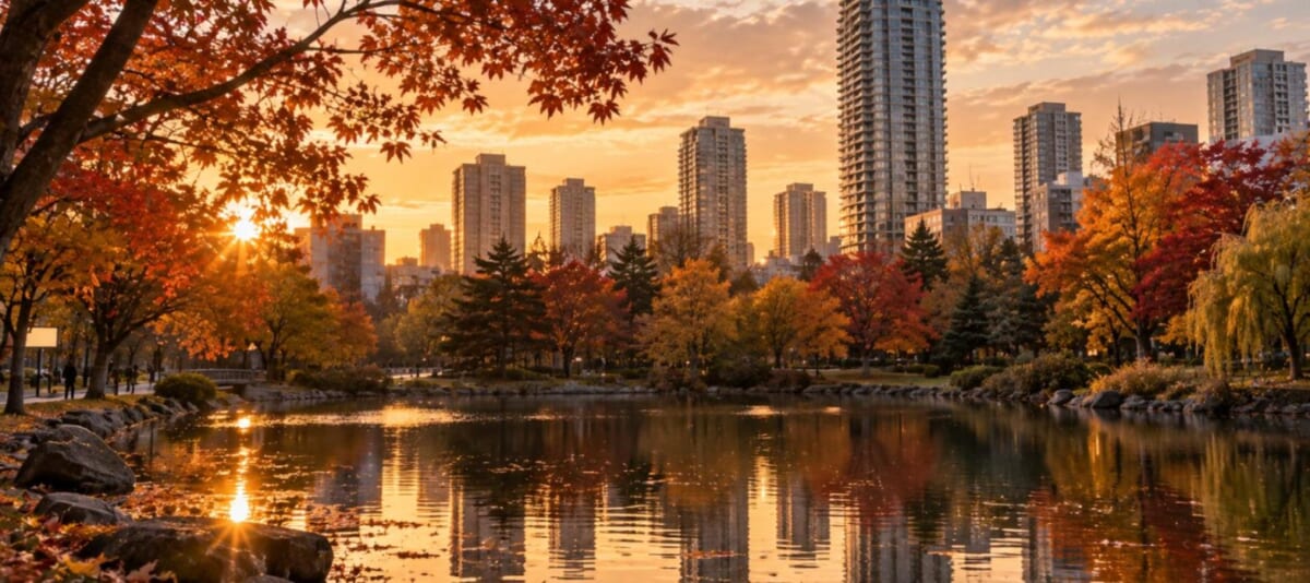 都心の公園の池と紅葉、奥に高層住宅の街並み（秋の夕方）