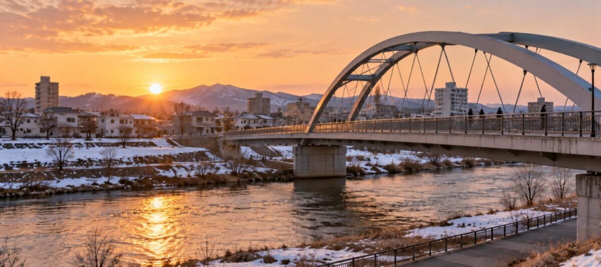 川に架かるアーチ型の歩道橋と残雪の河川敷（春先の夕方）